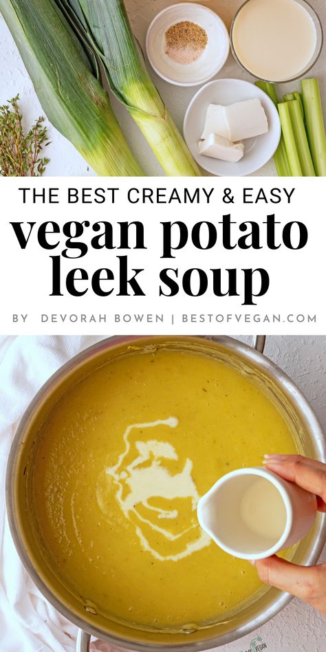 🌱🍵 Dive into the creaminess of our Vegan Potato Leek Soup - an easy weeknight dinner delight! This comforting soup boasts a smooth, delicious texture that the whole family will love! 🥣🥔 Perfect for meal prep, it's dairy-free and gluten-free, making this vegan soup recipe the star of the night! 🌟👪 Enjoy a bowlful of warmth! Creamy Potato Leek Soup, Vegan Potato Leek Soup, Refined Sugar Free Recipes, Quick Easy Vegan, Potato Leek, Comforting Soup, Potato Leek Soup, Vegan Soup Recipes, Leek Soup