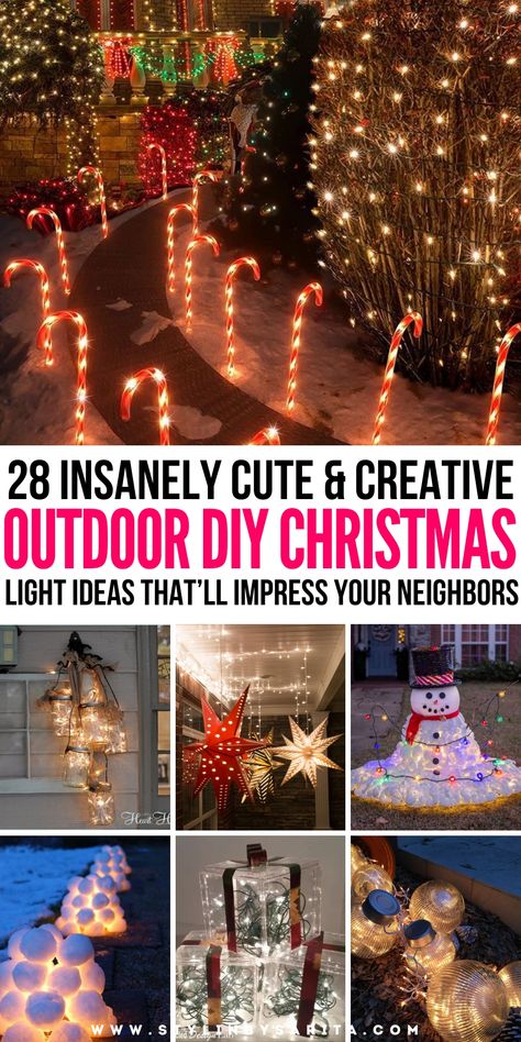 Exterior christmas light ideas Christmas Outdoor Tree Decorations, Christmas Light Inspiration Outdoor, Christmas Lights Fence Ideas, Christmas Decor Ideas For Outside Home, Outdoor Light Up Christmas Decorations, Fence Lights Christmas, Outdoor Christmas Lighting Ideas Houses, Outdoor Christmas Light Ideas For House, Cool Christmas Lights Outside