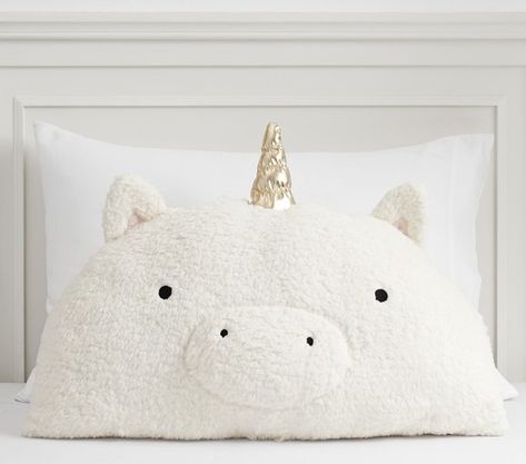 pillow | Pottery Barn Kids Sherpa Pillow, Character House, Golden Horn, Unicorn Pillow, Unicorn Theme, Crib Bumper, Gold Fabric, Nursery Bedding, Big Girl