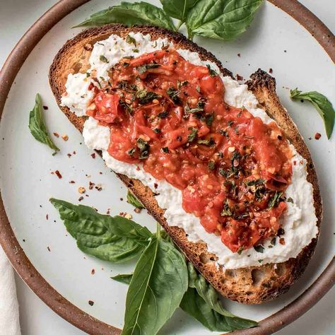 Blistered Cherry Tomato Toast Cherry Tomato Toast, Blistered Cherry Tomatoes, Roasted Beet Hummus, Tomato Toast, Garlic Balsamic, Overnight Recipes, Cherry Tomato Pasta, Discard Recipes, Beet Hummus