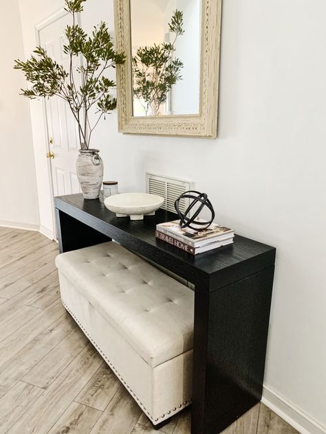 Small Entryway Table With Storage, Entryway Table With Bench Underneath, Entryway Bench And Console Table, Entryway Table And Chair, Entryway Table With Bench, Entryway With Mirror And Table, Storage Under Console Table, Catch All Tray Entryway, Entry Table With Ottomans Under