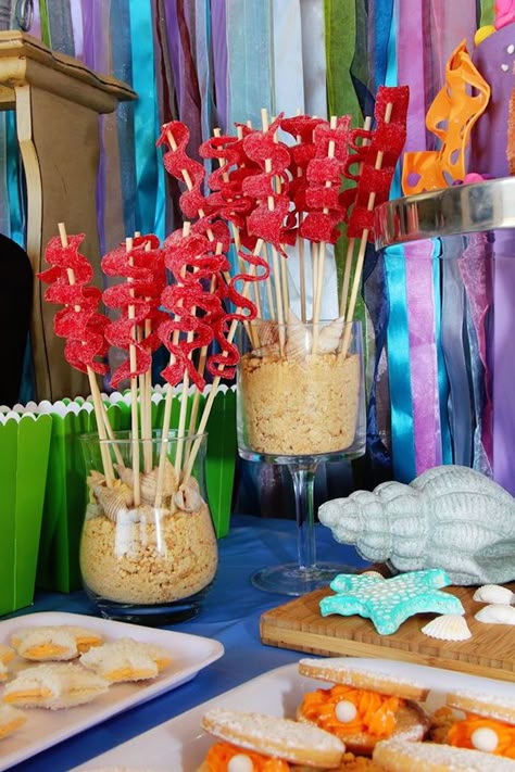 Mermaid Candy Table Ideas, Mermaid Party Candy Table, Spongebob Candy Table, Lil Mermaid Birthday Party Ideas, Seaweed Candy, Mermaid Candy Table, Disney Little Mermaid Birthday Party, The Little Mermaid Birthday Party, Mermaid Birthday Party Food