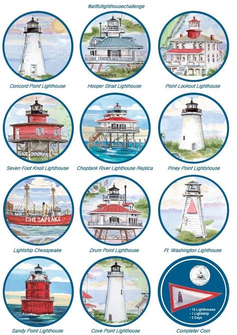 2.5” Artist Trading Cards Coins. Cheslights.org/Maryland-lighthouse-challenge Watercolor by Maryland artist Donna Elias donnaelias.com Maryland Lighthouses, Lighthouse Point, Lighthouse Art, Artist Trading Cards, Art Journals, Antique Collection, Baltimore, Maryland, Trading Cards