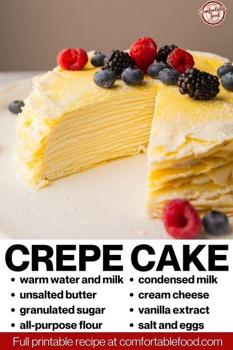 This layered crepe cake recipe is as beautiful as it is tasty and takes less than an hour to make. A crepe cake is such a delicately light treat to enjoy for breakfast or lunch that is layered with wafer thing crepes and filled with a vanilla cream cheese frosting. Tiramisu Crepe Cake, Crepe Cake Recipe, Crepe Ingredients, Vanilla Cream Filling, Vanilla Cream Cheese, Vanilla Cream Cheese Frosting, Crepe Recipe, Pancake Cake, Chocolate Crepes