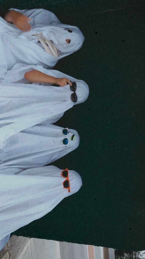 halloween, outfit inspo, group of 4, funny, trick or treating, sunglasses, fun, spooky, costume, aesthetic Halloween Costumes With Sunglasses, Fun Sunglasses Aesthetic, Sunglasses Halloween Costume, Costume Aesthetic, Ghost Halloween Costume, Group Of 4, Ghost Costume, Halloween Outfit, Trick Or Treating