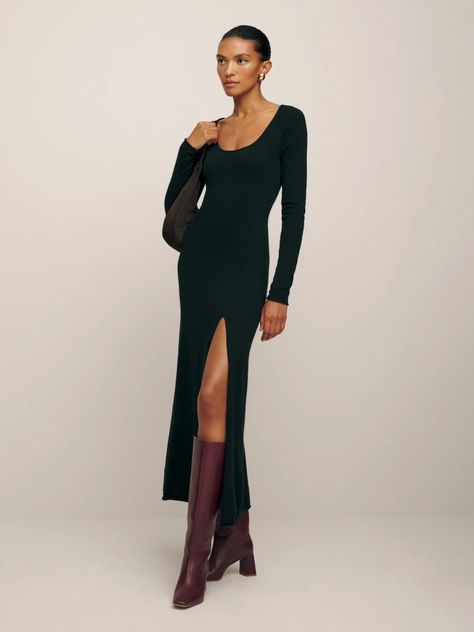 Sale | Sustainable Clothing | Reformation Long Boots Long Dress, 2023 Midi Dress, Midi Winter Dress, Long Dress Boots Outfit, Boots And Midi Dress, Long Sleeve Black Dress Outfit, Long Sleeve Dress Classy, Long Dress And Boots, Long Dress Boots