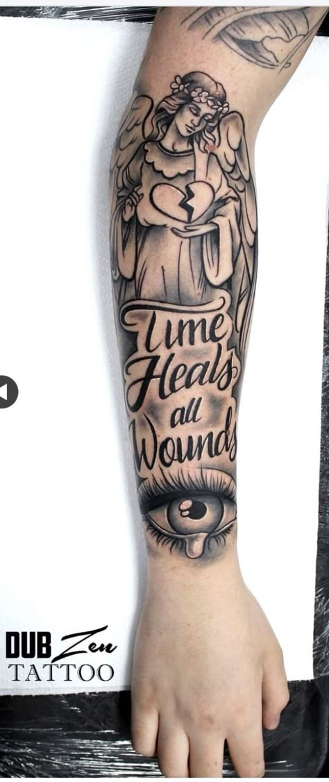 Tattoos For The Forearm, Finish Sleeve Tattoo Ideas, Cold Heart Tattoo Designs, Tattoo Sketches For Men Sleeve, Arm Tattoo Sketches Ideas, Hear No Evil See No Evil Tattoo Stencil, Time Heals All Tattoo, Foe Tattoos, Front Arm Tattoo Woman