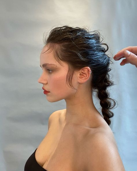 BTS picture of model with french plait hair and makeup inspiration Side Profile Hair, Bts Makeup, French Plait, Side Profile, Red Lip, Makeup Inspiration, Hair Inspiration, Georgia, Bts