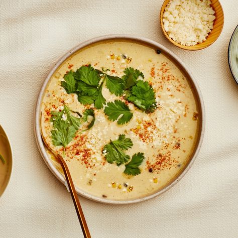 Elote-Style Corn Soup Recipe | Bon Appétit Corn Elote Recipe, Corn Soup Recipes, Chipotle Seasoning, Quick Soup, Chili Lime Seasoning, Green Soup, Wifey Material, Corn Soup, Veggie Soup