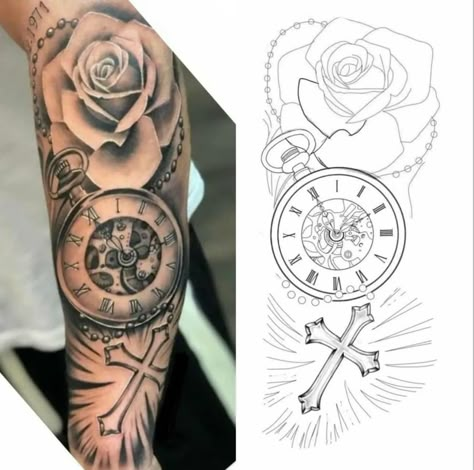 Tato Jam, Vice Lords, Pocket Watch Tattoo Design, Shen Long Tattoo, Clock And Rose Tattoo, Watch Tattoo Design, Pocket Watch Tattoos, Rose Tattoo Sleeve, Half Sleeve Tattoos Drawings