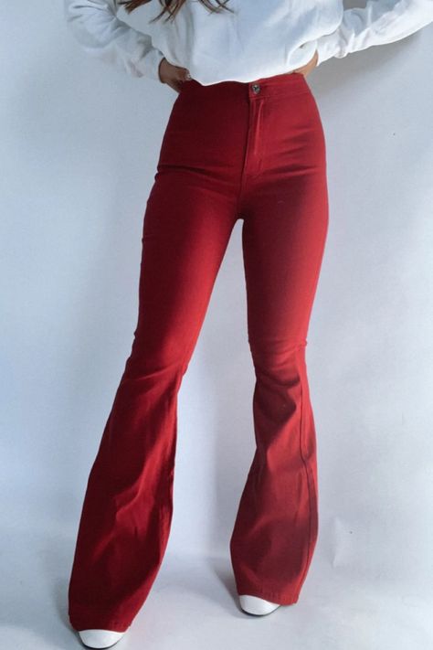 Red Bell Bottom Jeans, Burgundy Bell Bottom Pants Outfit, Red Bell Bottoms Outfit, Red Bell Bottoms, Aesthetic Pens, Xmas Party Outfits, Bell Bottom Leggings, Gameday Outfits, Flare Jeans Outfit