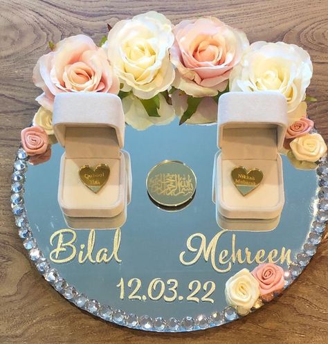 Engagement Rings Tray, Engagement Box Ideas, Small Nikkah Ideas, Ring Tray Engagement, Nikkah Ring, Islamic Ayat, Nikkah Gifts, Wedding Ring Tray, Islamic Wedding Gifts