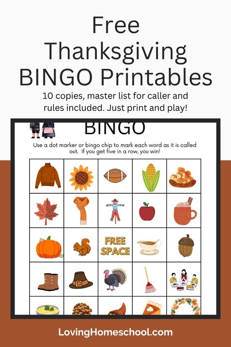 Just print and play with these Free Thanksgiving Bingo Printables! 10 copies, master list for caller and rules included. Thanksgiving Bingo Free, Bingo Printable Free, Thanksgiving Unit Study, Fall Homeschool, Thanksgiving Bingo, Homeschooling Activities, Bingo Chips, Free Homeschool Printables, Thanksgiving Words