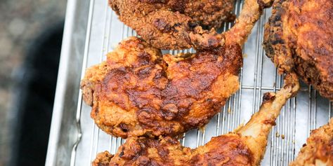 Nashville-Style Hot Fried Pheasant - Andrew Zimmern Hot Fried Chicken, Bacon Vinaigrette, Quail Recipes, Basil Lemonade, Andrew Zimmern, Pickle Slices, Classic Appetizers, Nashville Hot, Hot And Spicy