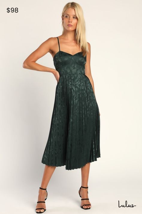 You'll never be lacking a stylish party dress when you've got the Lulus Chic Sensibility Dark Green Satin Jacquard Pleated Midi Dress! Sleek woven satin, with floral embossing, shapes adjustable spaghetti straps that support a bustier-inspired bodice with a high waist. Skirt features elegant pleating as it falls to a midi hem. Hidden zipper/clasp at back. Fit: This garment fits true to size. Length: Knee to mid-calf length. Size medium measures 39" from adjustable straps to hem. Bust: Great for Lulu Fashion, Dress Pleated, Stylish Party, Stylish Party Dresses, Pleated Midi Dress, Satin Midi Dress, Green Satin, Mid Calf, Hidden Zipper