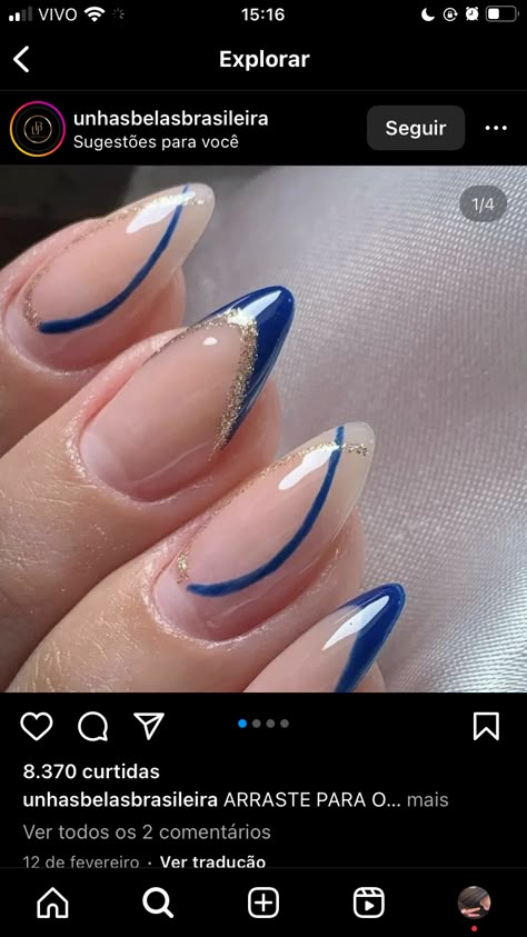 Gold French Tip Nails, French Tip Almond, Blue French Tip, Gold French Tip, Blue French Tips, Blue French, Tip Nails, Gold And Blue, Gold Line