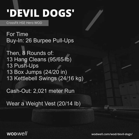 For Time; Buy-In: 26 Burpee Pull-Ups; Then, 8 Rounds of:; 13 Hang Cleans (95/65 lb); 13 Push-Ups; 13 Box Jumps (24/20 in); 13 Kettlebell Swings (24/16 kg); Cash-Out: 2,021 meter Run; Wear a Weight Vest (20/14 lb) Hang Clean Workout, Barbell Complex Workouts, Weight Vest Workout, Wods Crossfit, Burpee Workout, Crossfit Workouts Wod, Hero Wod, Crossfit Workouts At Home, Circuit Training Workouts