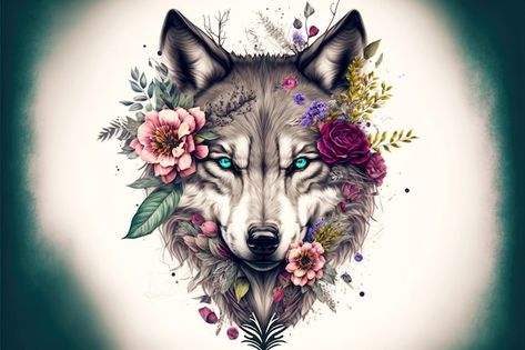 Wolf head tattoo print with flowers arou... | Premium Photo #Freepik #photo #wolf #predator #wolf-head #beast Floral Wolf Tattoo For Women, Wolf Flowers Tattoo, Floral Wolf Tattoo, Feminine Wolf Tattoo Design, Wolf Head Tattoo, Grey Wolf Tattoo, Botanical Tattoo Design, Wolf Tattoos For Women, Wolf Tattoo Sleeve