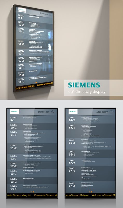 Siemens Digital Directory on Behance Digital Wayfinding Signage, Directory Signage Design, Kiosk Signage, Digital Signage Design, Directory Signage, Hospital Signage, Directory Signs, Signage Wayfinding, Door Signage