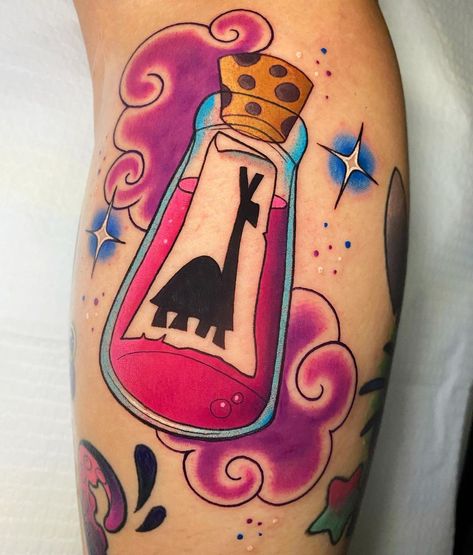 🎀✨Kayla Rose✨🎀’s Instagram profile post: “The poison for Kuzco, the poison chosen especially to kill Kuzco, Kuzco's poison. Thank you so much @queenreality for always trusting me to…” Kuzcos Poison Tattoo, Kuzcos Poison, Poison Tattoo, Disney Sleeve, Bottle Tattoo, The Poison, Emperors New Groove, Traditional Tattoo Art, Tattoo Design Book