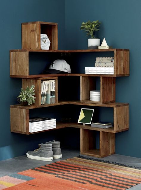 corner block wood shelf | CB2 Industrial Library, Diy Corner Shelf, Corner Shelf Ideas, Corner Shelf Design, Wooden Corner Shelf, Corner Wall Shelves, Corner Bookshelves, Regal Design, Corner Decor