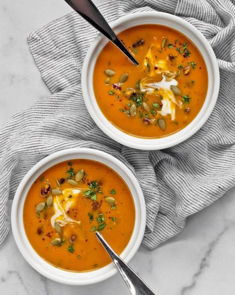 Spicy Butternut Squash Soup with Black Beans | Last Ingredient Black Beans Soup, Chipotle Butternut Squash Soup, Pumpkin Butternut Squash Soup, Soup With Black Beans, Spicy Butternut Squash, Spicy Butternut Squash Soup, Vegan Chipotle, Frozen Butternut Squash, Winter Soup Recipe