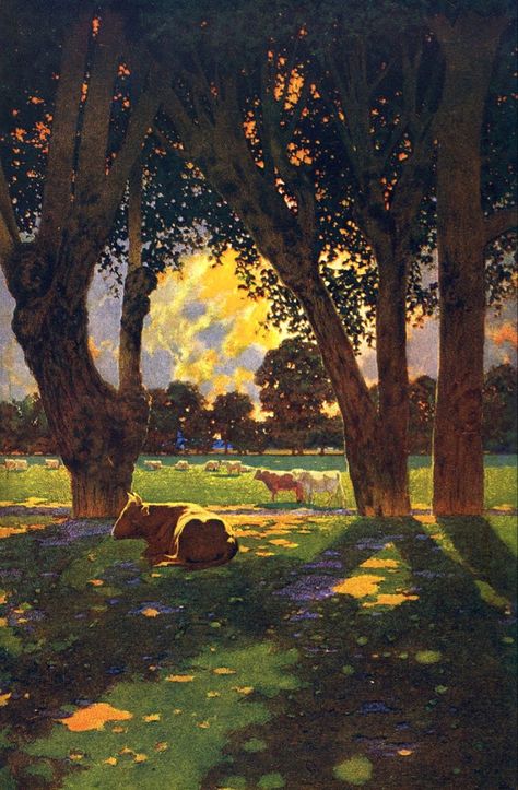 summer cows art field Maxfield Parrish, Acrylic Landscape, Hieronymus Bosch, Wow Art, Paintings I Love, Pretty Stuff, Art And Illustration, Awesome Art, Land Art