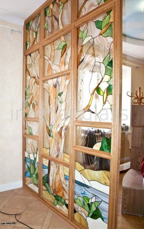 Art Nuevo Interior Design, Stained Glass Partition Wall, Stained Glass Room Divider, Stained Glass Partition, Stained Glass Double Doors, Stained Glass Cabinet, Stained Glass Cabinets, Glass Partition Designs, Glass Partition Wall