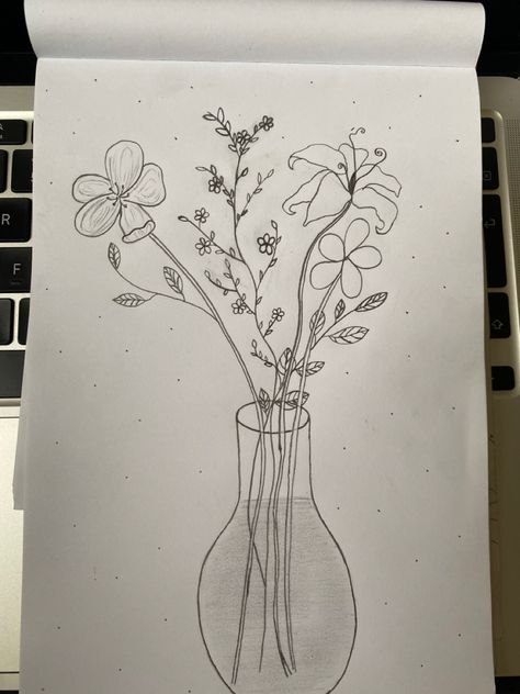 Thin lines by pencil, flowers, leaves, water, flower pot, very aesthetic and cute and detailed Pot Flowers Drawing, Flowers In Pots Drawing, How To Draw A Flower Pot, Flower Drawing In Vase, Flower Pot Art Drawing, Sketsa Flora Simple, Flowers Aesthetic Drawing Easy, Flower Pot Sketch, Flower Vase Sketch