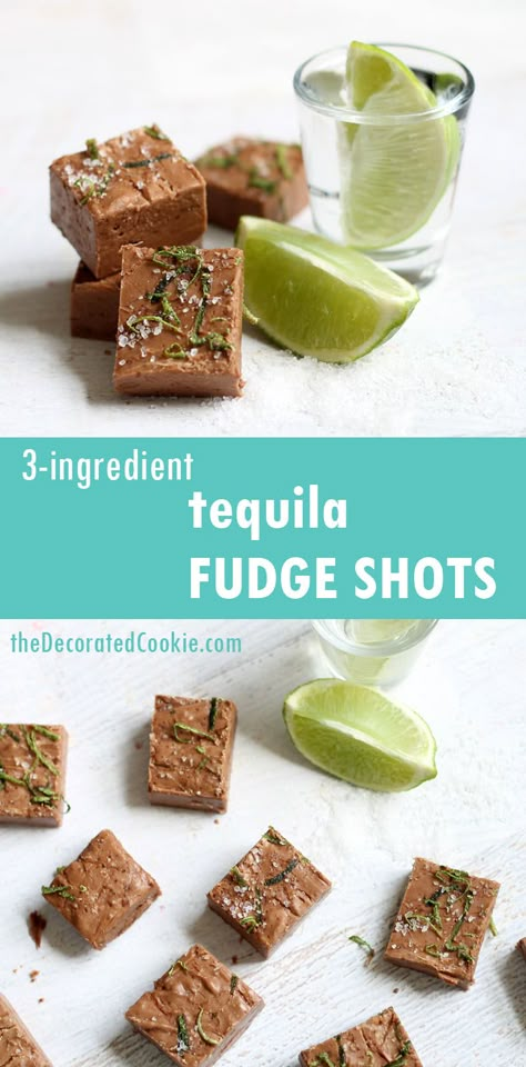 AWESOME 3-ingredient Tequila Fudge Shots | The Decorated Cookie Boozy Fudge, Gourmet Lollipops, Alcoholic Treats, Tequila Recipe, Alcoholic Desserts, Tropical Drinks, Christmas Fudge, Boozy Desserts, Devils Food Cake