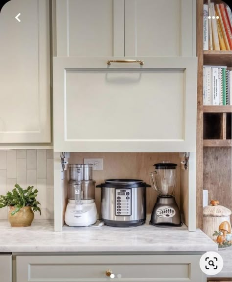 Appliance garage inspo Kitchen Cabinets Hide Appliances, Stove With Cabinets On Each Side, Kitchen Appliances Cabinet, Appliance Cabinet Kitchen, Hidden Appliances In Kitchen, Pantry With Appliance Counter, Appliance Garage Cabinet, Corner Appliance Garage, Appliance Garage Ideas