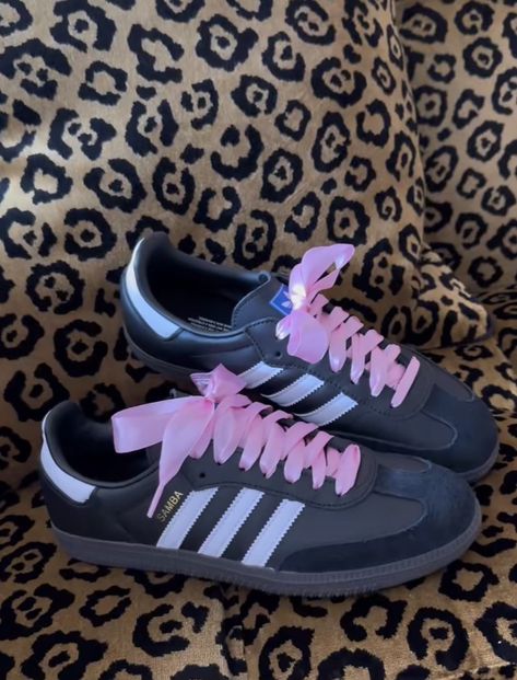 ribbon laces sneakers, back to school shoes, school shoes, cute shoe, cute trainers, trainers, ribbon satin shoelaces, pink laced sambas, adidas sambas ribbon laces, pink shoelaces @catlpatterson on tiktok Pink Ribbon Shoe Laces, Pink Sambas, Green Footwear, Lace Aesthetic, Pink Adidas Shoes, Ribbon Shoe Laces, Sambas Adidas, Pink Shoelaces, Ribbon Heels