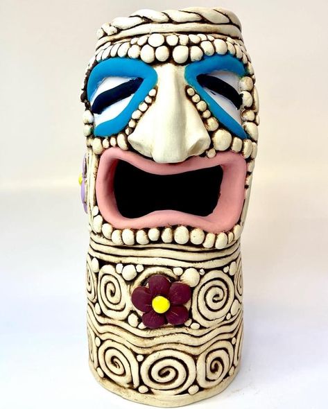 Tiki Coil Ceramics, Tiki Pottery, Hawaiian Tiki Mask, Tiki Ceramic Project, Tiki Sculptures & Statues, Coil Pots, Ceramic Fish, 3d Projects, Clay Ceramics