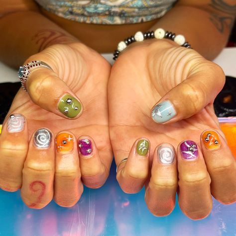 Gel manicure on natural nails with a fun y2k mix and match theme Mismatched Gel Nails, Mix And Match Nails Short, Y2k Natural Nails, Short Mismatched Nails, Nature Themed Nails, Mismatched Nails Summer, Loser Nails, Miss Match Nails, Short Fun Nails