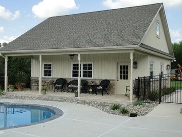 garage pool house | Collegeville, PA Residence Pool house and Garage traditional exterior Detached Garage With Outdoor Kitchen, Garage With Patio Attached, Pool House Guest House Combo Backyard, Pool House Attached To Garage, Pool House Shop Combo, Shop Pool House Combo, Garage And Pool House Combo, Detached Garage Pool House, Backyard Pool Cabana