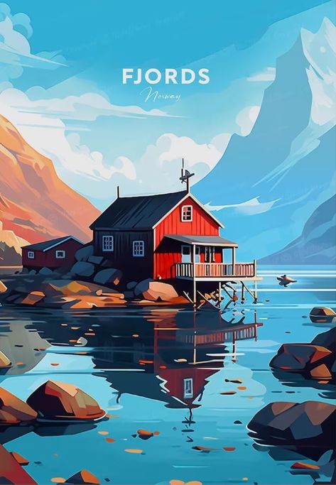 Norway Illustration, Fjords Norway, Norway Vacation, Wanderlust Decor, Vintage Poster Design, Travel Globe, Retro Travel Poster, Tromso, Landscape Drawings