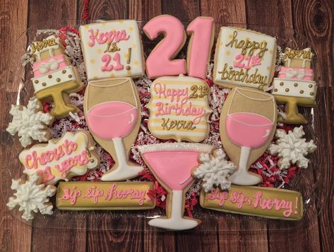 Happy 21 st birthday Kerra!! Hope it was a great surprise;) #cookiedecorating #cookies #21 #21stbirthday #gifts #wine #sugarcookies… 21 Cookies Birthday, 21st Birthday Cookies For Girl, 21st Bday Cookies, 21 Birthday Cookies, 21st Cookies, 21sr Birthday Ideas, Happy 21st Birthday Daughter, 21st Birthday Cookies, Diy 21st Birthday Gifts