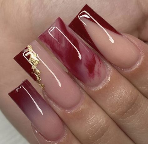 Simple Nails Acrylic Squares Long, Maroon Simple Nails, Brown And Red Acrylic Nails, Nails That Would Go With A Red Dress, Nails That Match Maroon Dress, Red Wine Ombre Nails, Graduation Nails Burgundy, Red Purple Nails Burgundy, Red Burgundy Nails Acrylic