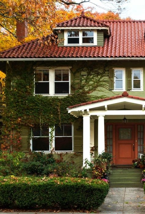 Green House Orange Door, Orange Roof House, Olive Green House Exterior, Sage Green House, Orange Roof, Green House Exterior, Orange Door, Terracotta Roof, Stucco Homes