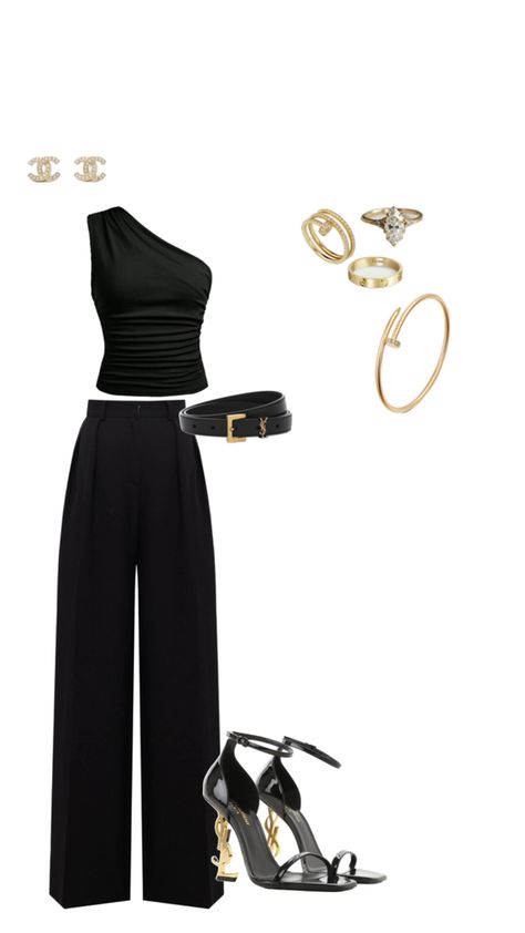 Black Outfit Gold Accessories, Black And Gold Outfit Casual, Gold And Black Outfit, Black And Gold Outfit, Gold Outfit, Work Party, Catania, Gold Accessories, Womens Casual Outfits