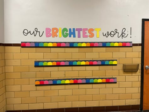 Elementary Art Wall Display, Rainbow Classroom Theme Bulletin Boards, Oh Happy Day Bulletin Board Ideas, 1st Grade Hallway Displays, Art Work Display Bulletin Board Preschool, Kindergarten Work Bulletin Board, Student Art Work Display Ideas, Our Happy Place Classroom, Hallway Work Display Ideas