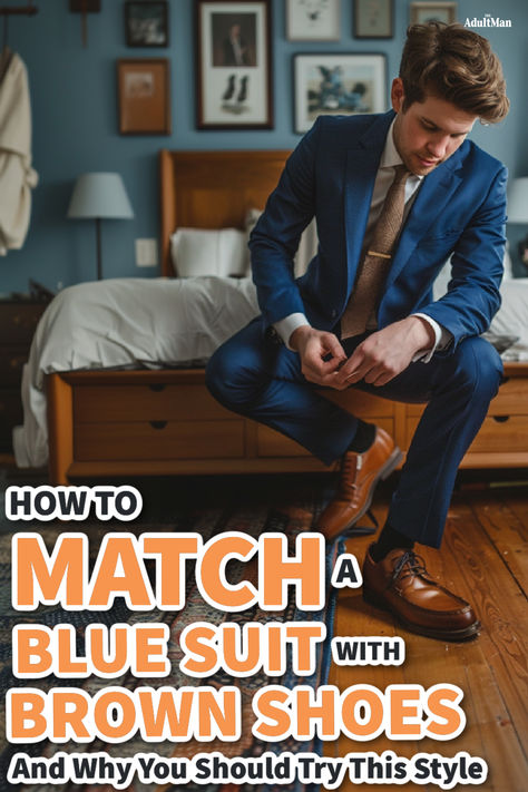 The blue suit and brown shoes look can elevate your style. But it's all about getting it right. Master the art of pairing this classic combination with confidence. Navy Suit Brown Shoes, Suit With Brown Shoes, Blue Suit Brown Shoes, Brown Shoes Outfit, Shoes In Style, Wedding Guest Men, Blue Three Piece Suit, Cognac Shoes, Navy Pants Men