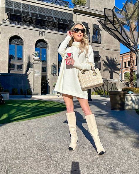 sweater dress white mini turtleneck Lady Dior Bag Outfit, White Sweater Dress Outfit, Sweater Dresses For Fall, Dresses Glamour, Short Sweater Dress, Cute Sweater Dresses, Christian Dior Bag, Lady Dior Handbag, Fall Sweater Dress