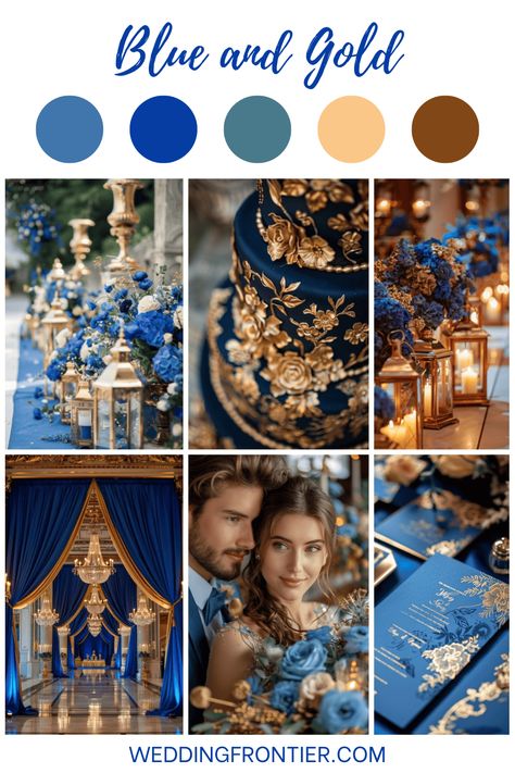 Dreaming of a wedding that combines elegance with a touch of royal flair? A blue and gold wedding theme might be exactly what you're looking for. Sapphire Blue Wedding Theme, Brown And Gold Wedding Theme, Royal Blue And Gold Wedding Theme, Blue And Gold Wedding Theme, Gold Wedding Theme Ideas, Royalty Wedding Theme, Royalty Theme, Royal Wedding Themes, Royal Blue Wedding Theme