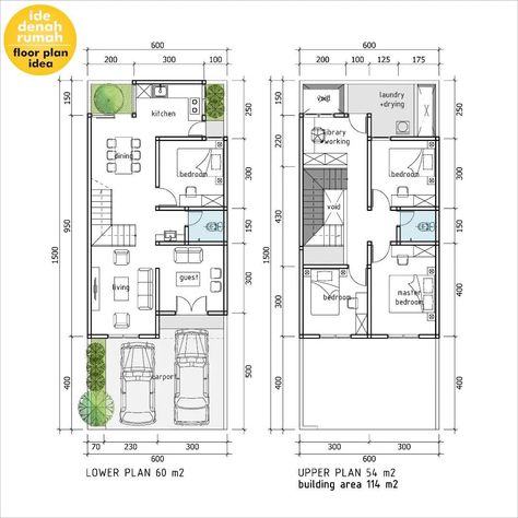 150 M2 House Plan 2 Floor, 6 X 15 House Plan, Duplex Design House Plans, Small Modern House Plans, Duplex Floor Plans, Narrow House Designs, Narrow House Plans, Two Story House Design, Duplex Design