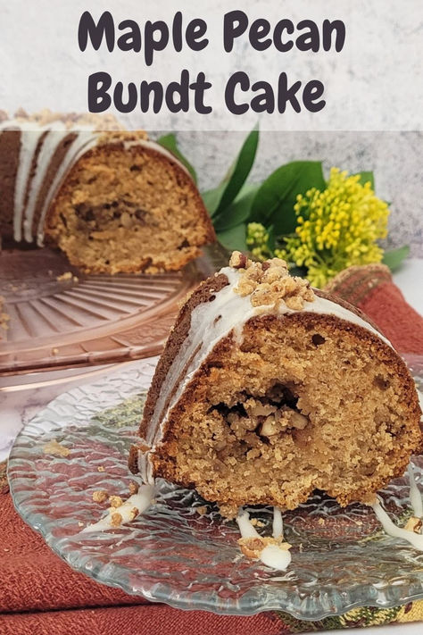 slice of maple cake with pecan filling on a plate and remainder of cake in background Maple Cake Recipe, Pecan Bundt Cake, Maple Cake, Nutella Bread, Streusel Cake, Pecan Cake, Thanksgiving Treats, Maple Pecan, Cake Recipes From Scratch