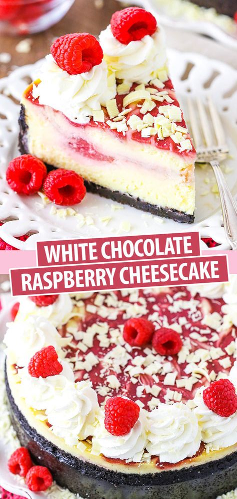 Lemon Raspberry Cheesecake, White Chocolate Desserts, Raspberry Cheesecake Bars, Raspberry Swirl Cheesecake, Cheesecake Desserts Recipes, Chocolate Cookie Crust, White Chocolate Raspberry Cheesecake, Savory Dessert, Chocolate Raspberry Cheesecake