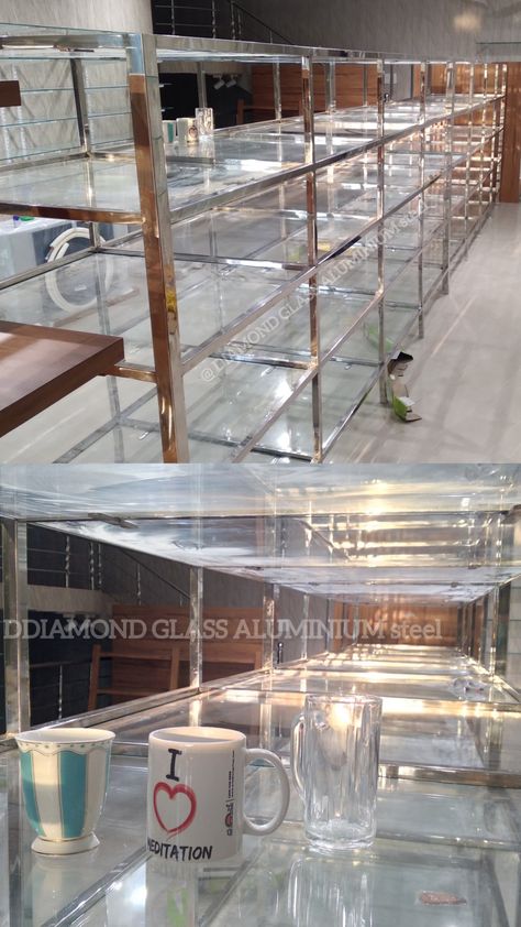 Glass shelf eiland for crockery display Corner Bar Glass Shelves, Metal And Glass Bar Shelving, Corner Glass Shelf Bathroom, Glass Racks Shelves For Shop, Brass And Glass Display Shelf, Glass Wall Shelves, Steel Racks, Glass Rack, Wall Racks