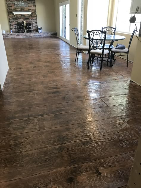 Stamped concrete wood floors! Stained Concrete Floors Wood Look, Stamped Concrete Living Room Floor, Stamped Interior Concrete Floors, Concrete Floors Look Like Wood, Wood Stamped Concrete Floors, Stamped Concrete Flooring, Concrete Stamped Floors, Faux Wood Concrete Floor, Stamped Concrete Inside House