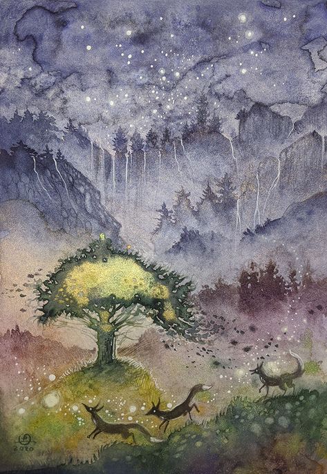 Stephanie Law Art Watercolors, Law Art, Stephanie Law, Esoteric Art, Peacock Art, Scene Art, Painting Art Lesson, Forest Painting, Magical Art